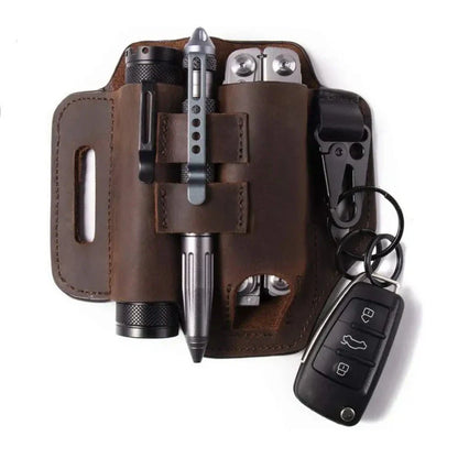 Premium leather belt carrier with multiple compartments and pockets for tool storage and organisation
