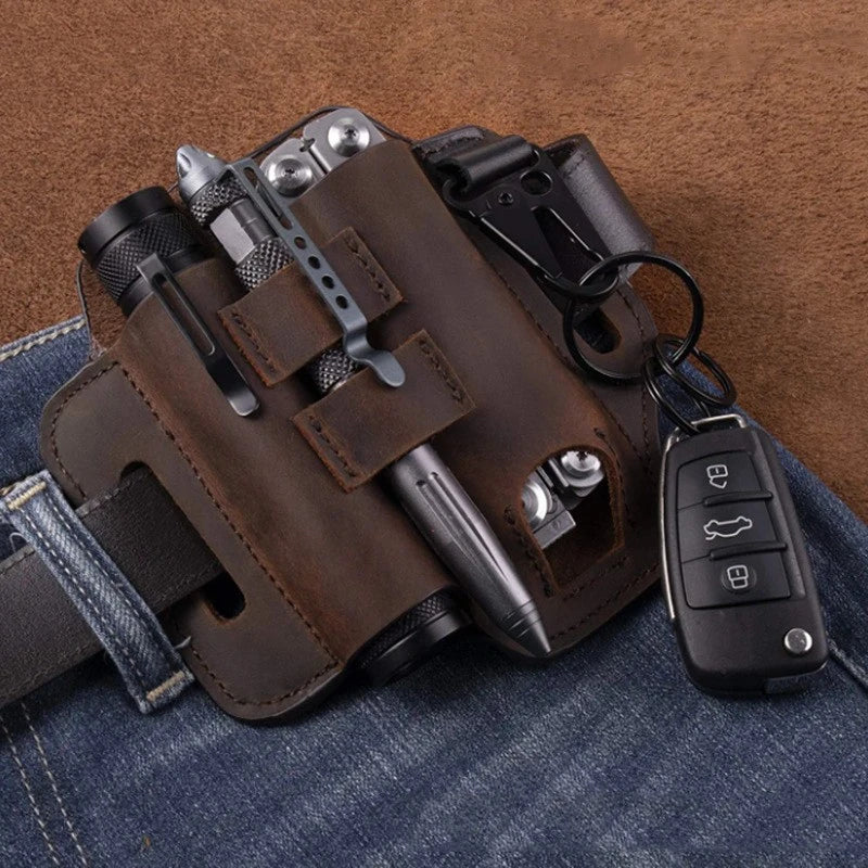 Premium leather belt carrier with multiple compartments and pockets for tool storage and organisation