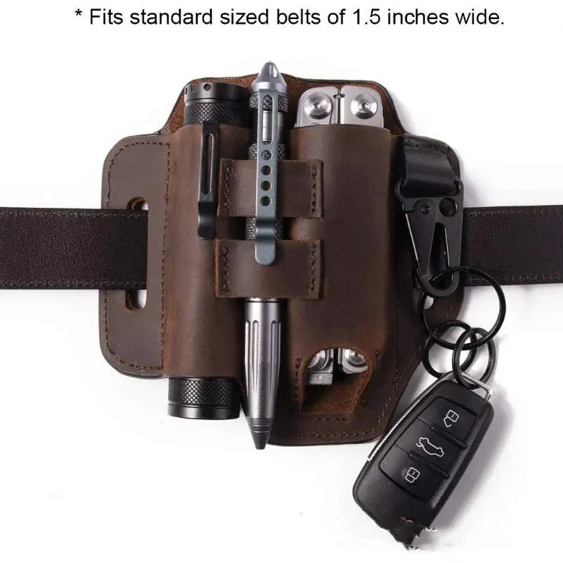 Premium leather belt carrier with multiple compartments and pockets for tool storage and organisation