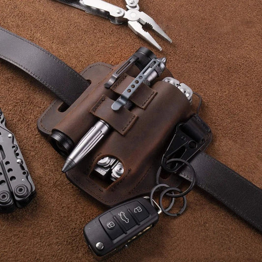 Premium leather belt carrier with multiple compartments and pockets for tool storage and organisation