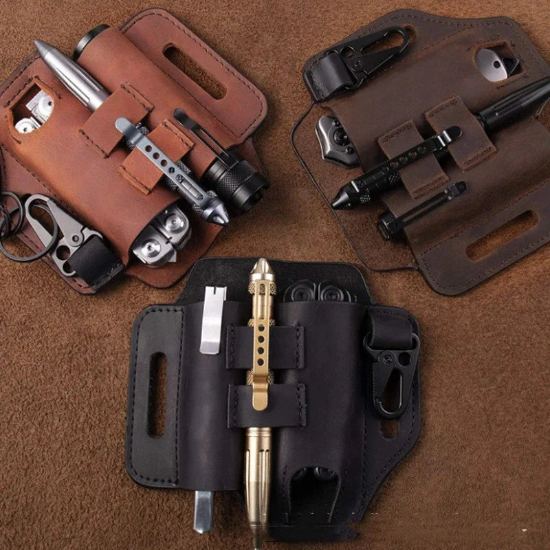 Premium leather belt carrier with multiple compartments and pockets for tool storage and organisation