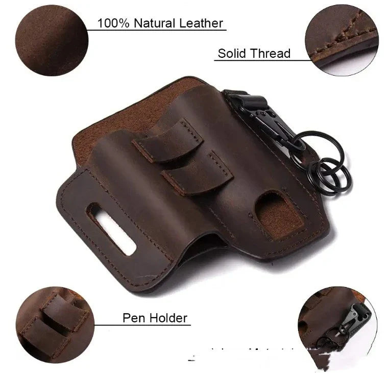 Premium leather belt carrier with multiple compartments and pockets for tool storage and organisation