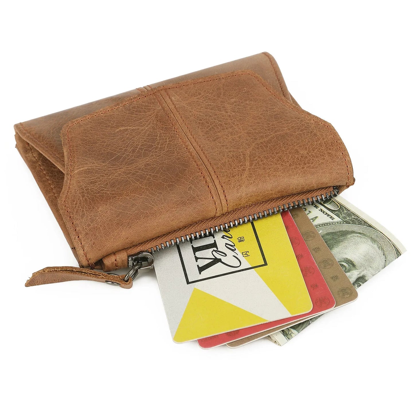 Men's brown genuine leather coin purse with a metal lock and decorative stitching in a retro style.