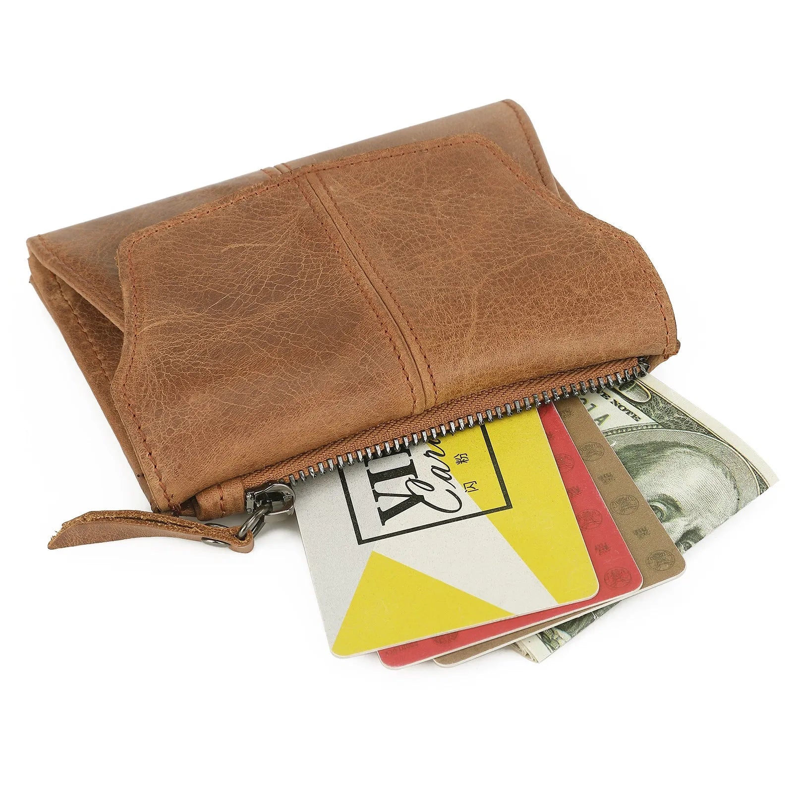 Men's brown genuine leather coin purse with a metal lock and decorative stitching in a retro style.