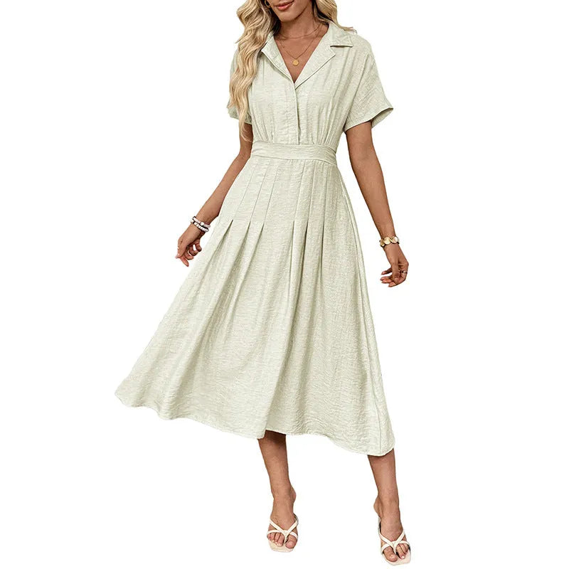 Light green women's shirt dress with lapel collar, waist tie fastening, and side pockets