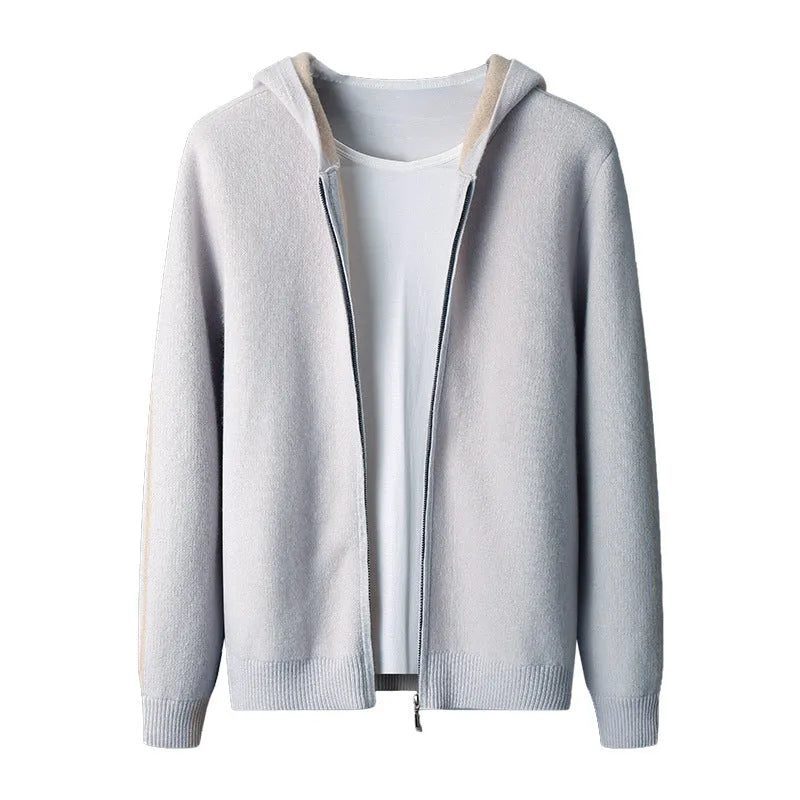 Men's dark blue half-high collar zip cardigan sweater with loose fit and long sleeves