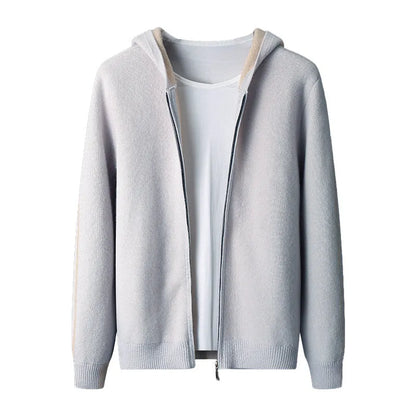 Men's dark blue half-high collar zip cardigan sweater with loose fit and long sleeves