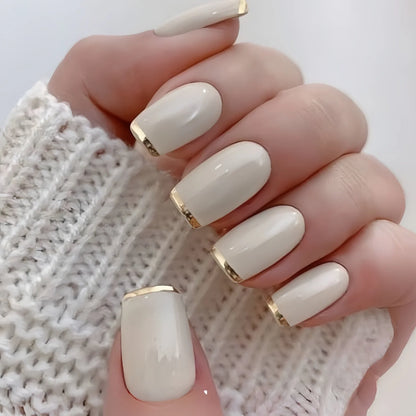 Mid-length European square nail art patches with white French tip and golden edge detail, 24-piece reusable set