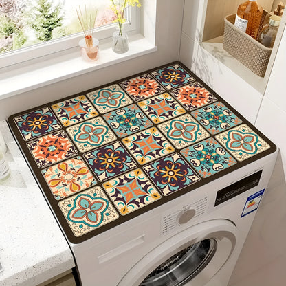 Square polyester washing machine mat with an abstract printed pattern, shown in one of eight available styles.