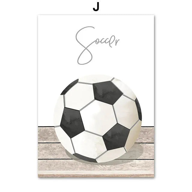 Cartoon illustration of football, basketball and baseball tools on a canvas wall poster for a child's bedroom.