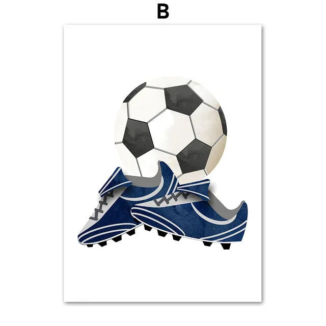 Cartoon illustration of football, basketball and baseball tools on a canvas wall poster for a child's bedroom.
