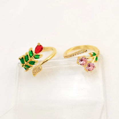 Copper geometric open ring with leaf design and zircon accents for women