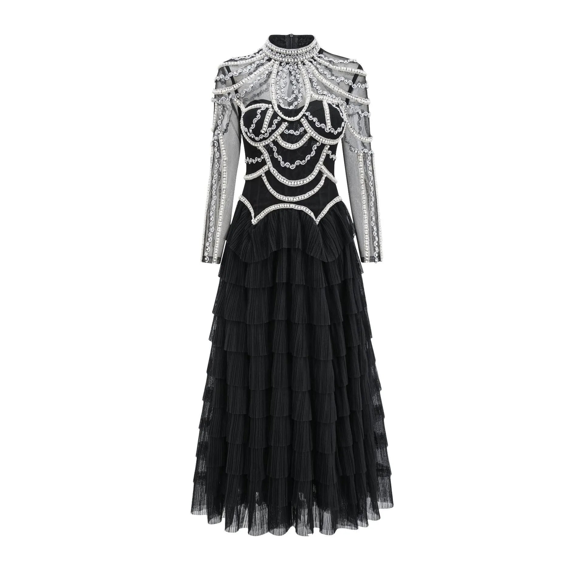 Black long sleeve beaded dress for women with 3D decoration and mid-waist fit.
