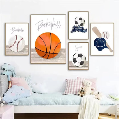 Cartoon illustration of football, basketball and baseball tools on a canvas wall poster for a child's bedroom.