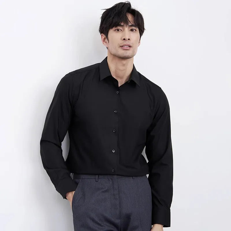 Wine red men's slim fit business shirt with long sleeves and non-ironing polyester blend fabric