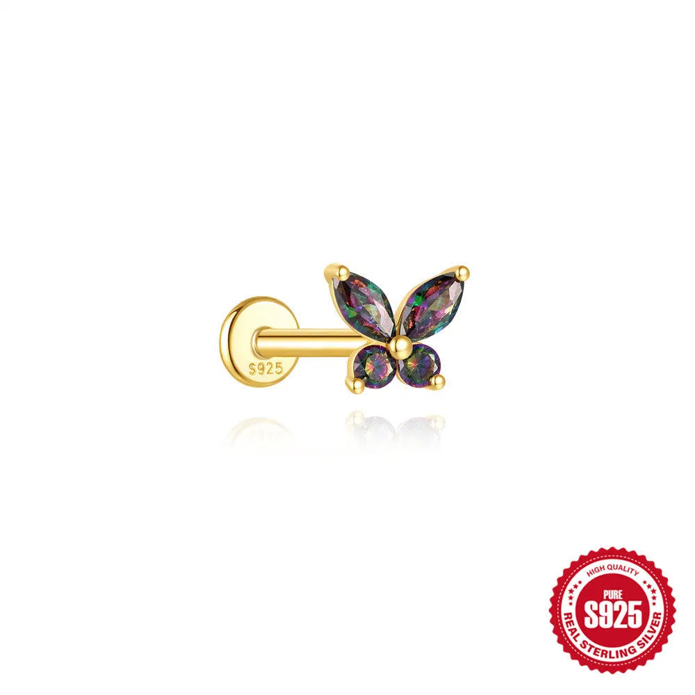 Sterling silver flat head thread piercing earrings with geometric shape and rainbow stone detail