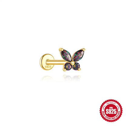Sterling silver flat head thread piercing earrings with geometric shape and rainbow stone detail