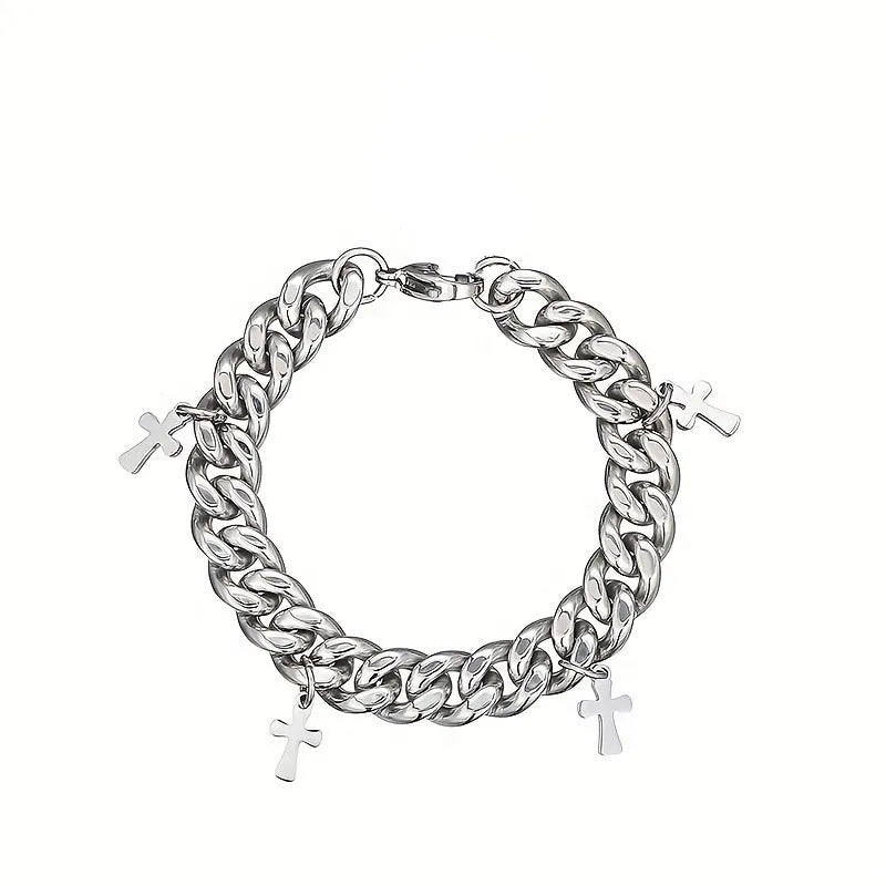 Men's titanium steel bracelet with a geometric cross design on a wrist.