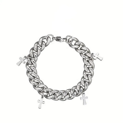 Men's titanium steel bracelet with a geometric cross design on a wrist.