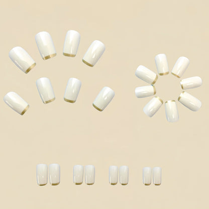 Mid-length European square nail art patches with white French tip and golden edge detail, 24-piece reusable set