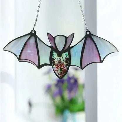 Acrylic bat-shaped wall pendant with modern art print, showing size and colour style options.