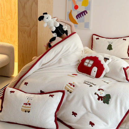 Winter Christmas cartoon four-piece bedding set with bed sheet, duvet cover, and pillowcases in polyester material