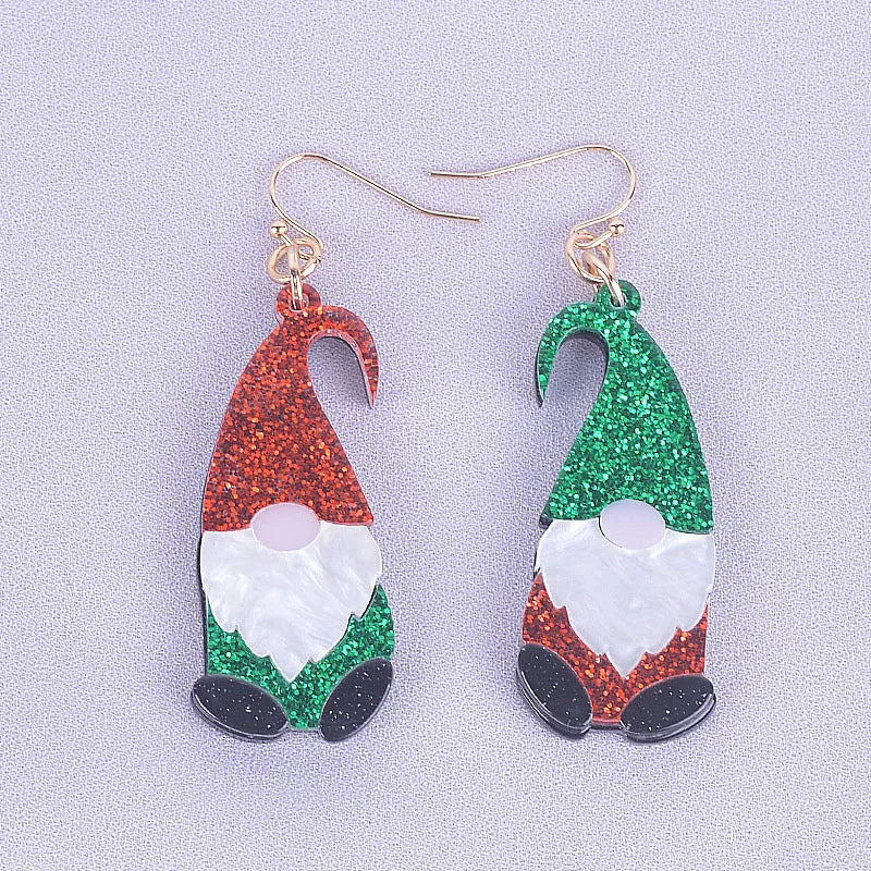Acrylic Santa Claus cartoon character earrings in red, green, and red/green hat styles.