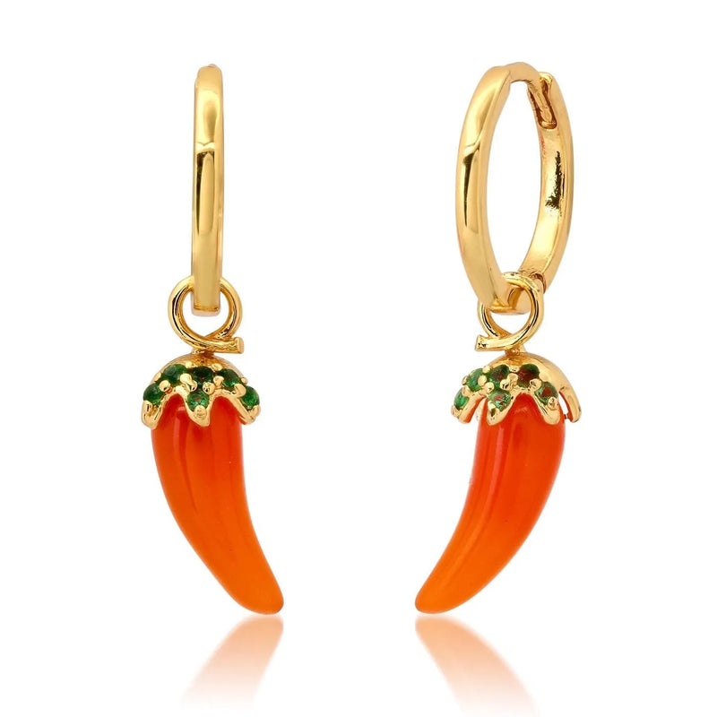 Fruit and vegetable design gold plated copper earrings for men and women featuring realistic grape, cherry, lemon, carrot, peach and orange motifs in seven vivid colours including carrot orange, lemon yellow and blueberry blue.