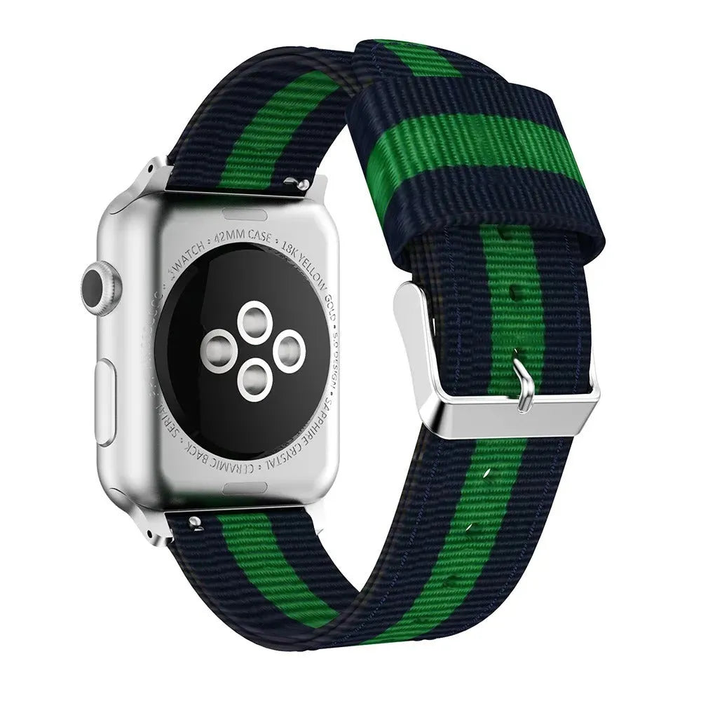 Split nylon watchband for Apple Watch in 38-49mm sizes with rainbow and striped colour options
