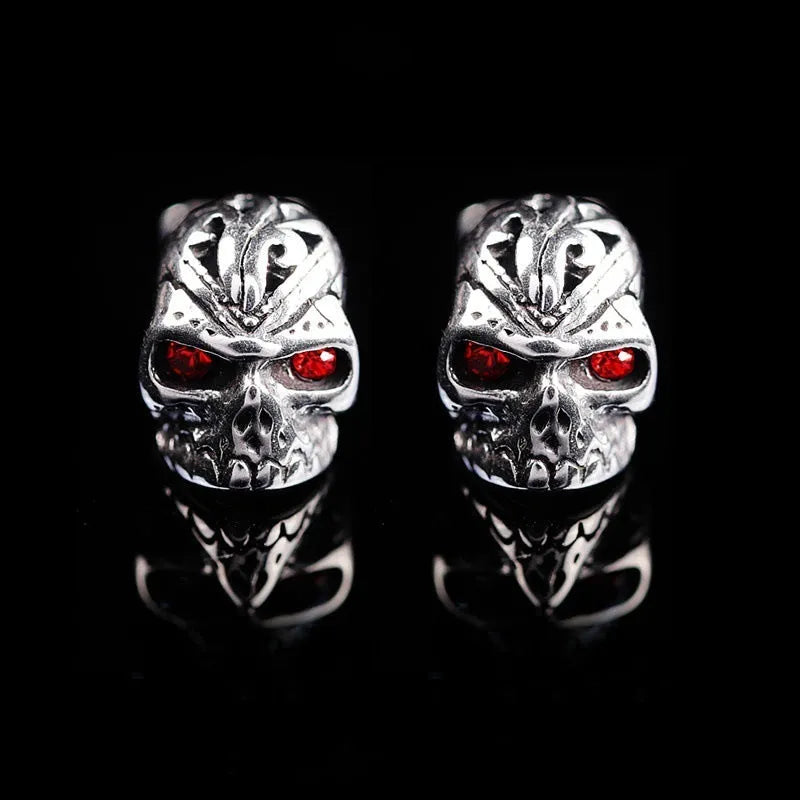 Retro red eye ghost head skull stud earrings with electroplated alloy construction and artificial gemstone inlay