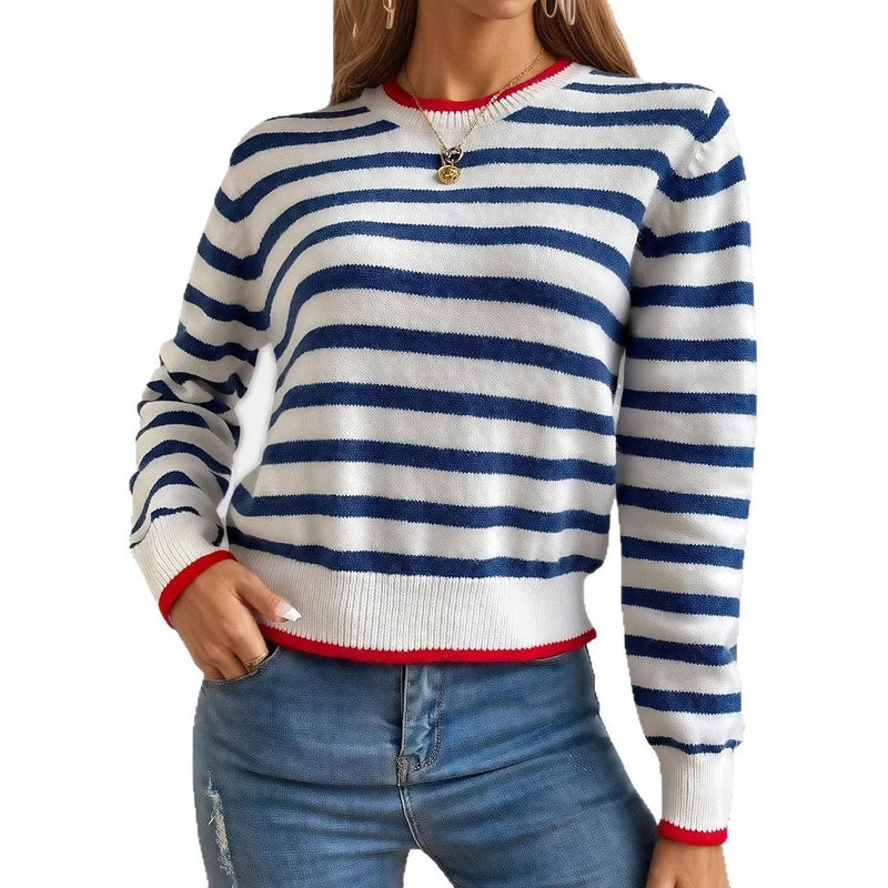 Striped Pullover Sweater with Contrast Colour Knitted Pattern in British Style Sapphire Blue, Loose Fit Acrylic Long Sleeve Round Neck Top for Temperament Commute Wear and Everyday Casual Outfits