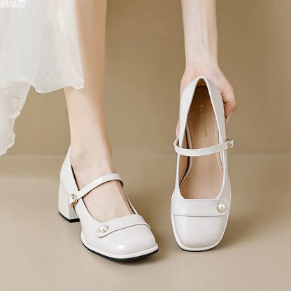 Women's patent leather chunky heel pumps with square toe and buckle fastening in three colour options