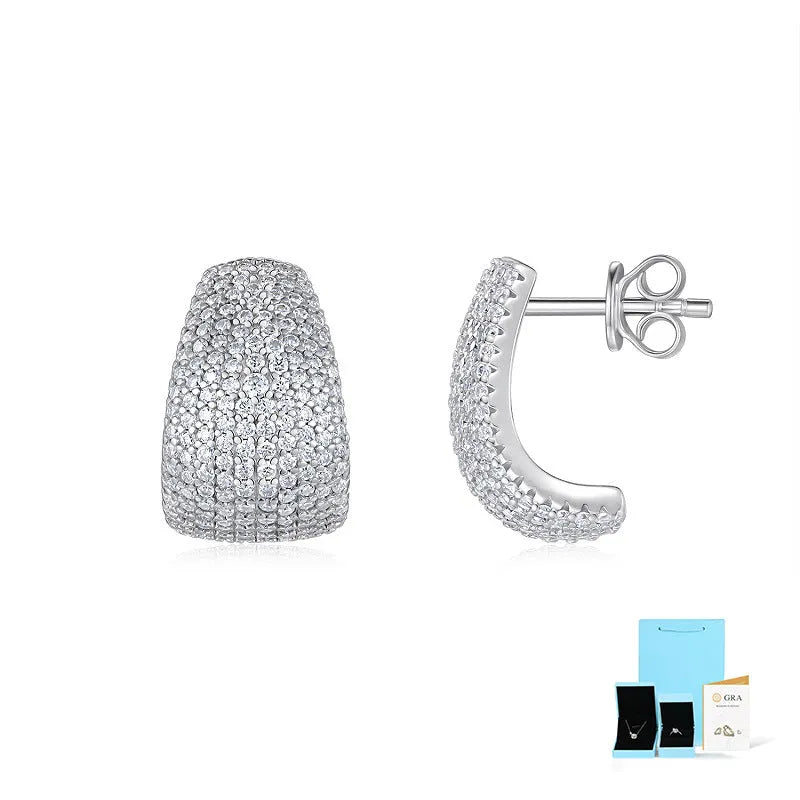 Geometric sterling silver ear studs with moissanite stones in gift box