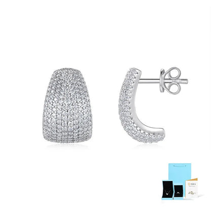 Geometric sterling silver ear studs with moissanite stones in gift box