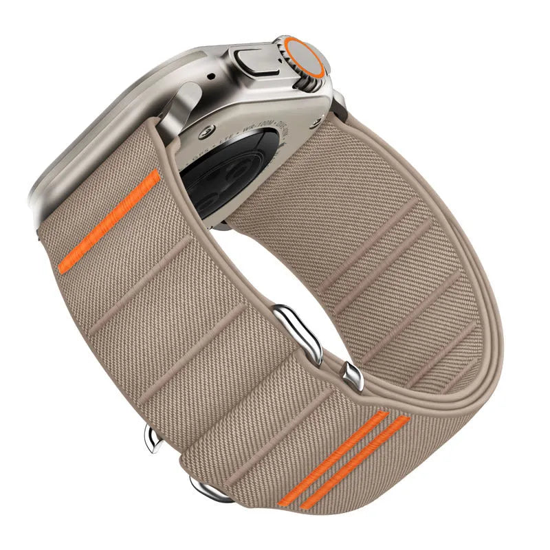 Elastic nylon watchband for Apple Watch with stainless steel buckle, shown in Army Green colour.