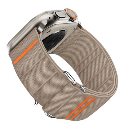 Elastic nylon watchband for Apple Watch with stainless steel buckle, shown in Army Green colour.