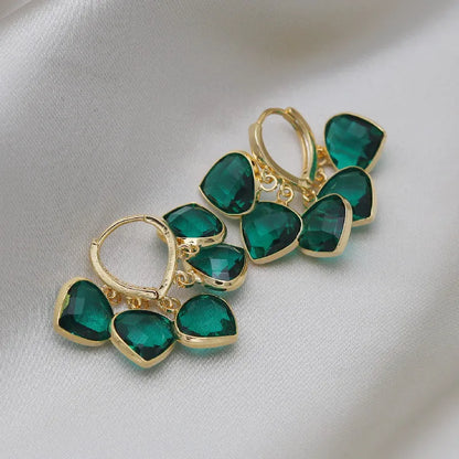Korean style green heart pendant ear clip earrings for women with copper alloy construction