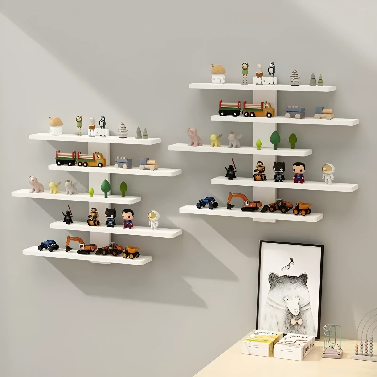 White 5-tier wall-mounted PVC rack displaying toy dolls and blind box collectibles.