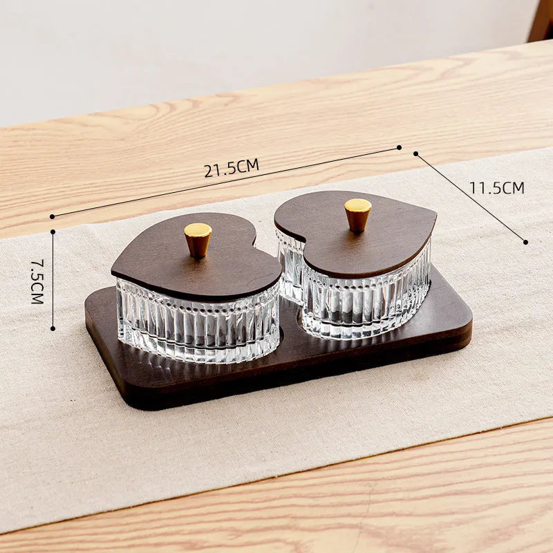 Transparent glass fruit platter with heart-shaped lid in 2-grid, 3-grid, 4-grid, and 5-grid tray options.