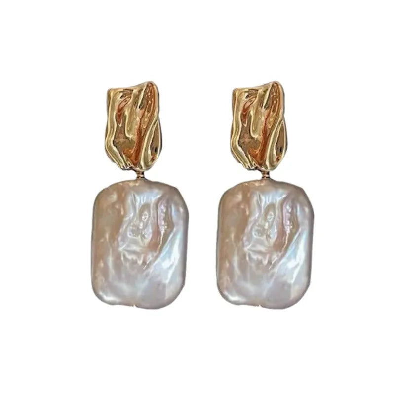 Geometric quadrilateral freshwater pearl stud earrings in purple, white or pink colours with alloy settings