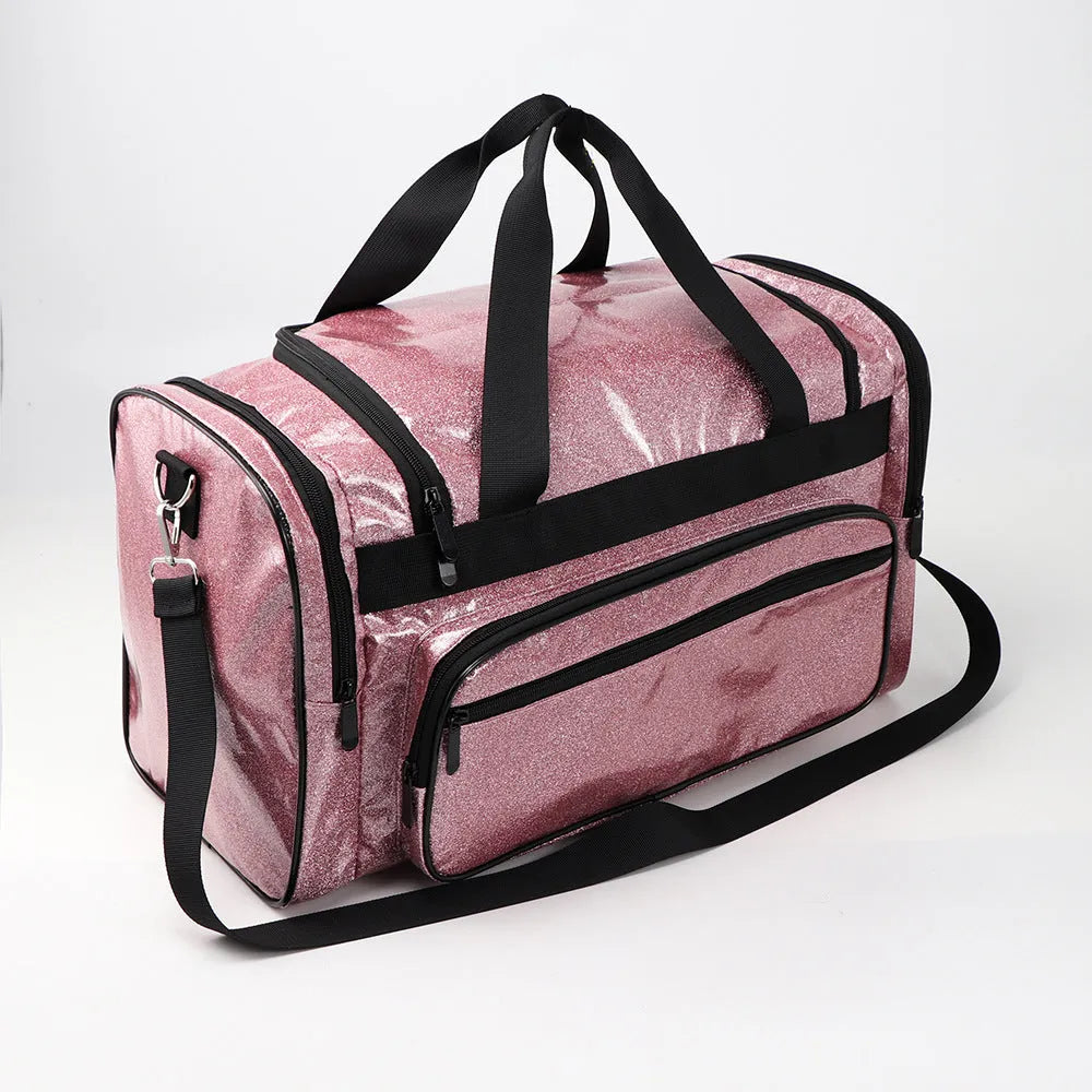 PU leather large sports handbag in blue with dimensions 48x26x22cm showing interior organisation