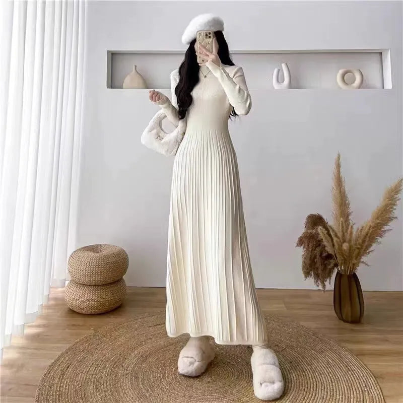 Women's pullover dress, polyester A-line skirt design, high-waisted mid-length dress below the knees, wool-knitting style, waist-trimming base, available in milky white, black, red, gray, and khaki.
