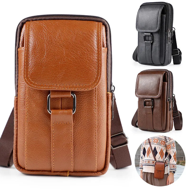 Men's genuine leather crossbody waist bag with lock feature and coin pocket in vertical square shape