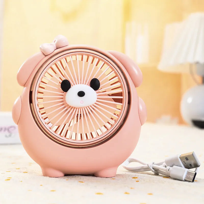 USB desktop fan with cute dog design in Bear Brown colour, showing compact size and three speed buttons.