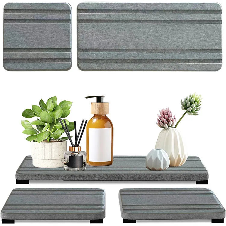 Square bathroom countertop water draining pad drying mat in diatom oil material, sizes 20x10cm and 21x10cm