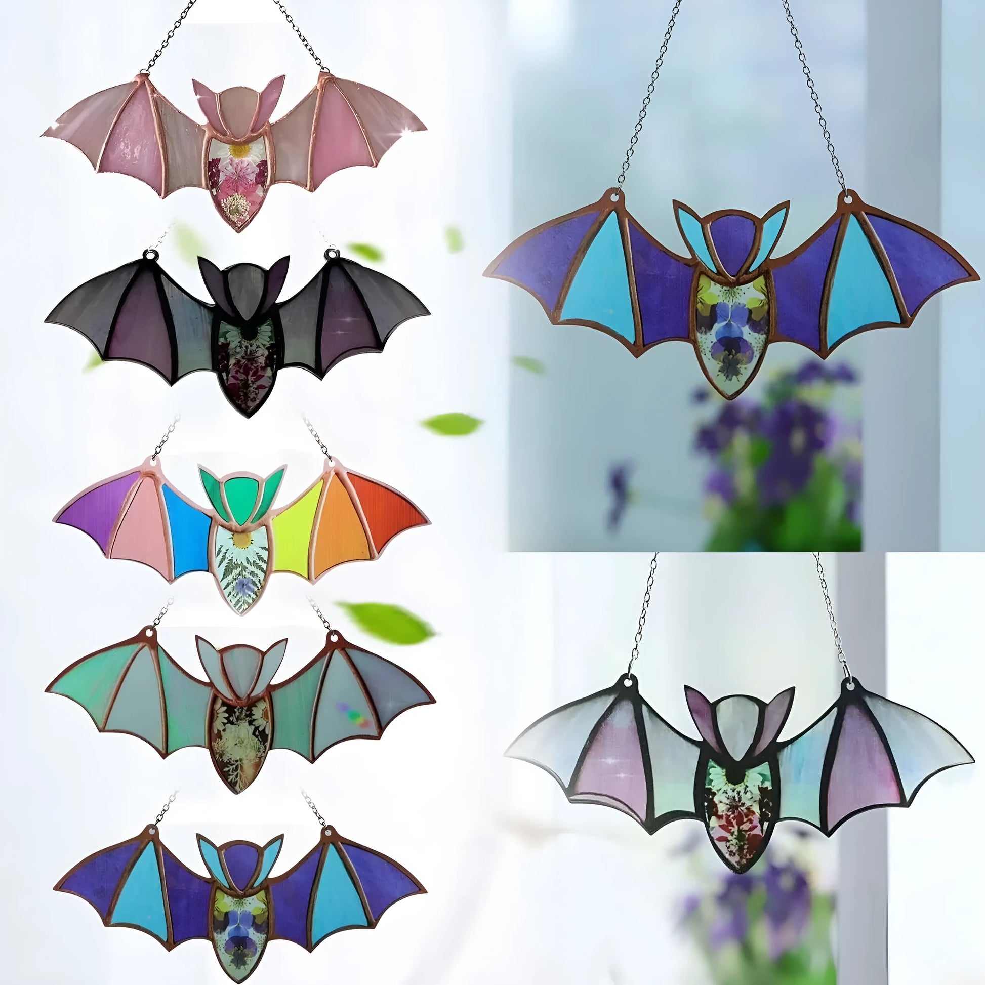 Acrylic bat-shaped wall pendant with modern art print, showing size and colour style options.