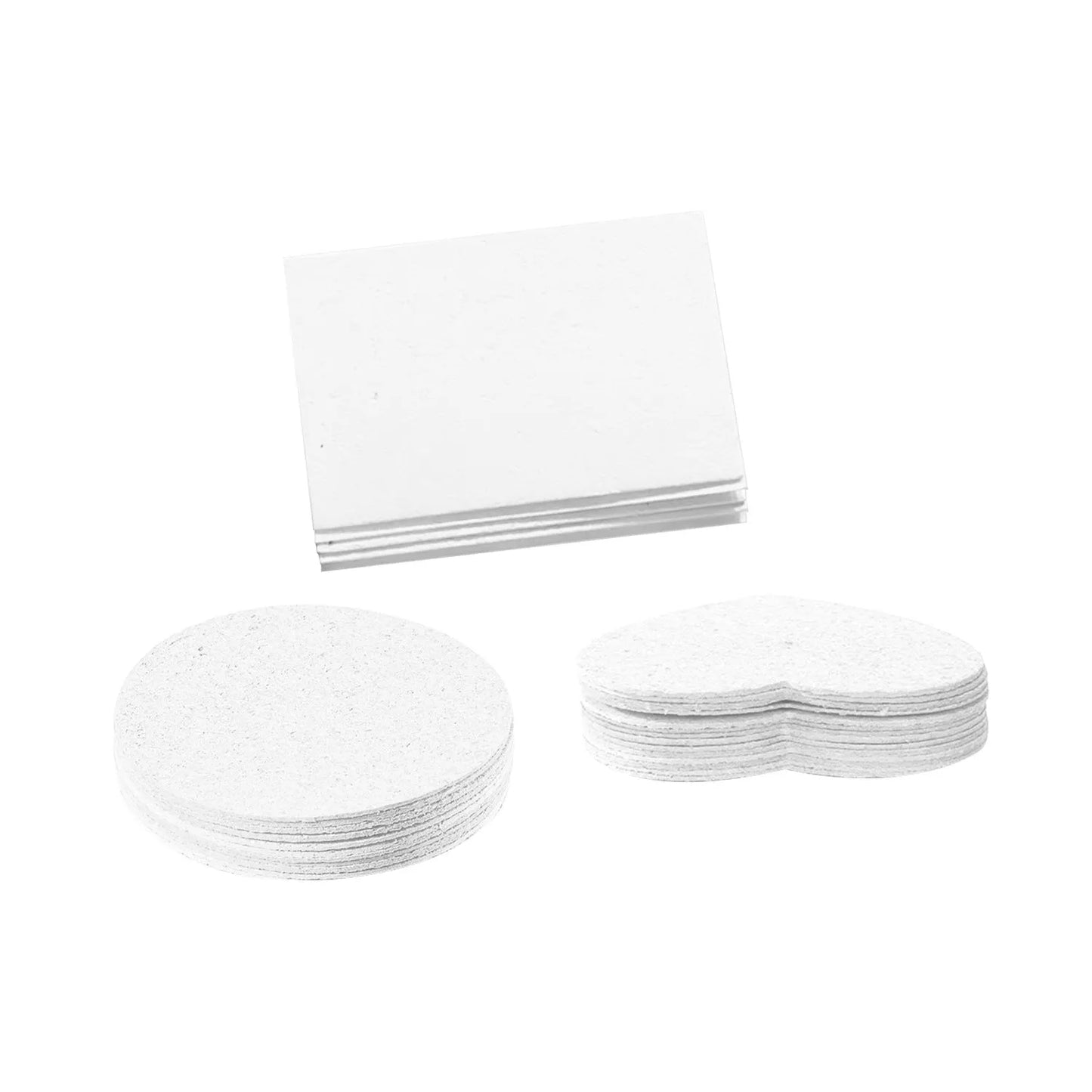 A set of cartoon-patterned wood pulp paper sheets, six fountain pens, and three blank sponge shapes: a heart, a circle, and a square.