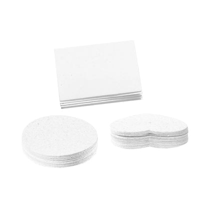A set of cartoon-patterned wood pulp paper sheets, six fountain pens, and three blank sponge shapes: a heart, a circle, and a square.