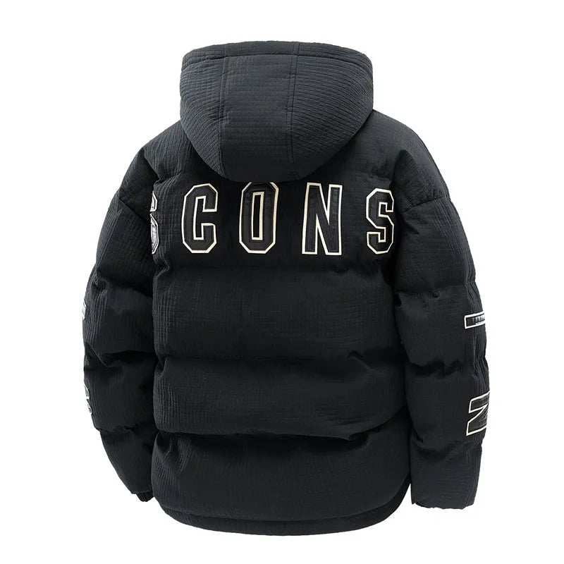 Men's black hooded Korean-style winter coat with letter print and side pockets.