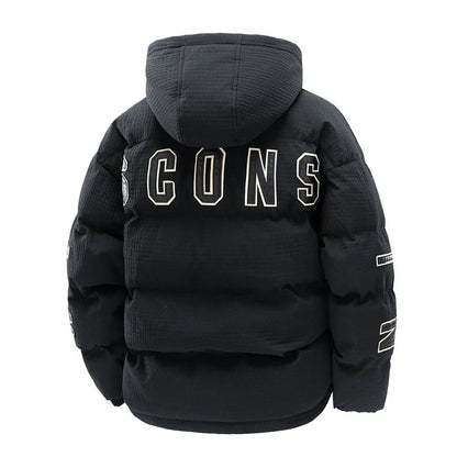 Men's black hooded Korean-style winter coat with letter print and side pockets.